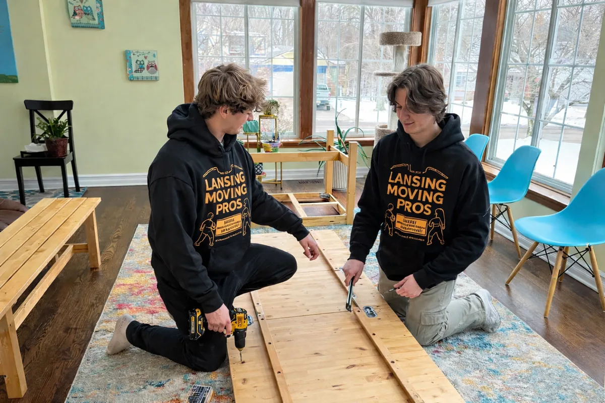 Lansing Moving Pros crew assembling furniture